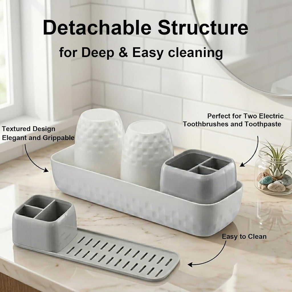 Toothbrush Holder with Cups, Electric Toothbrush and Toothpaste Organizer, Bathroom Accessories Set for Kids and Families, White & Grey