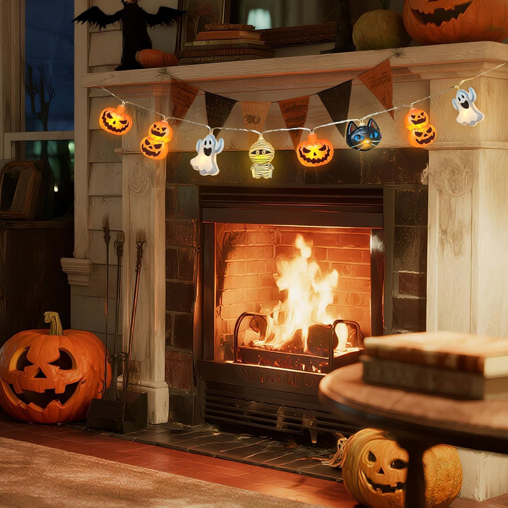 Halloween String Lights Indoor: 9.84 FT 20 LED Battery Operated Pumpkin Ghost Cat Lighted Decorations – 8 Modes Waterproof Timer for Window Porch House Room Bedroom Party Decor