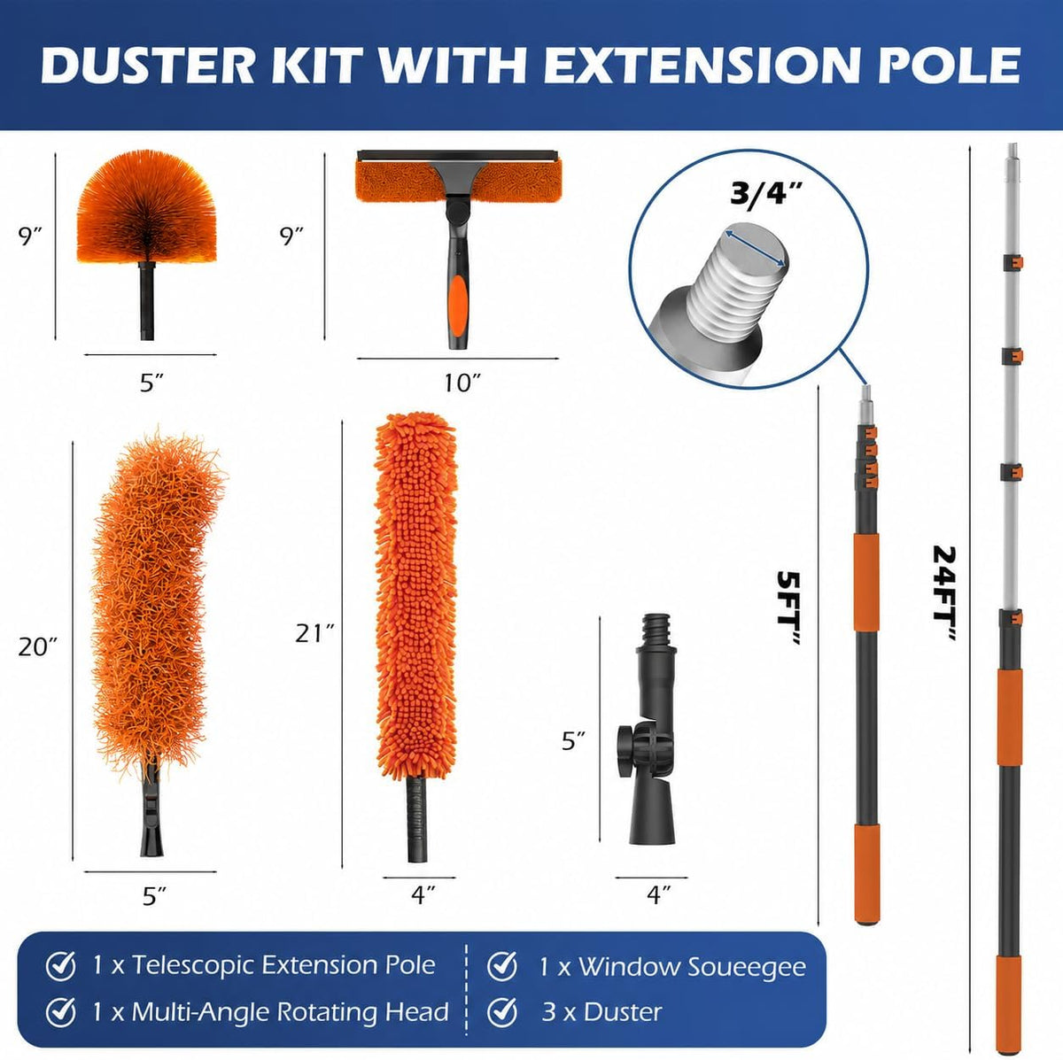 30FT High Reach Duster Kits with 5-24FT Extension Pole, Cobweb Duster with Telescoping Pole, Washable Ceiling Fan Cleaner & Window Squeegee for Glass Surfaces & High Roof
