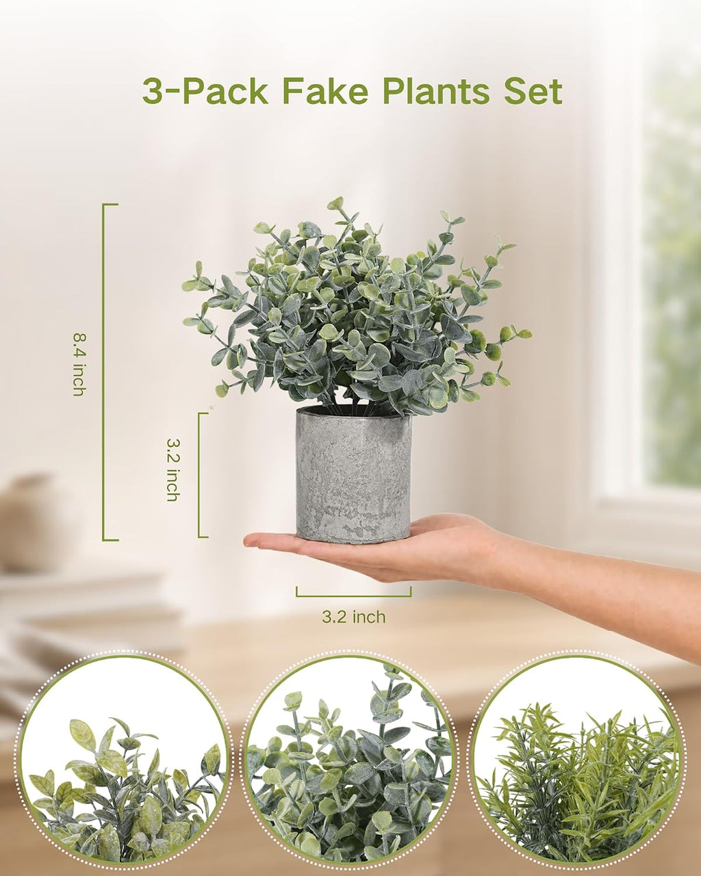 Velener Set of 3 Small Fake Plants Eucalyptus, Artificial Plants Indoor for Shelf, Potted Eucalyptus Plants for Home/Bathroom/Pottery Barn/Desk/Farmhouse/Coffee Table Decor (Frosted Green)