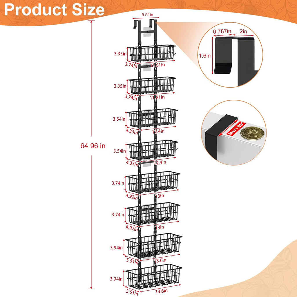 Hongtamoya 8 Tier Over The Door Organizer, Adjustable Hanging Door Organizer with 8 Wire Baskets 6 Hooks, Behind The Door Storage for Pantry Closet Bedroom Bathroom Cabinet Kitchen Laundry Room, Black