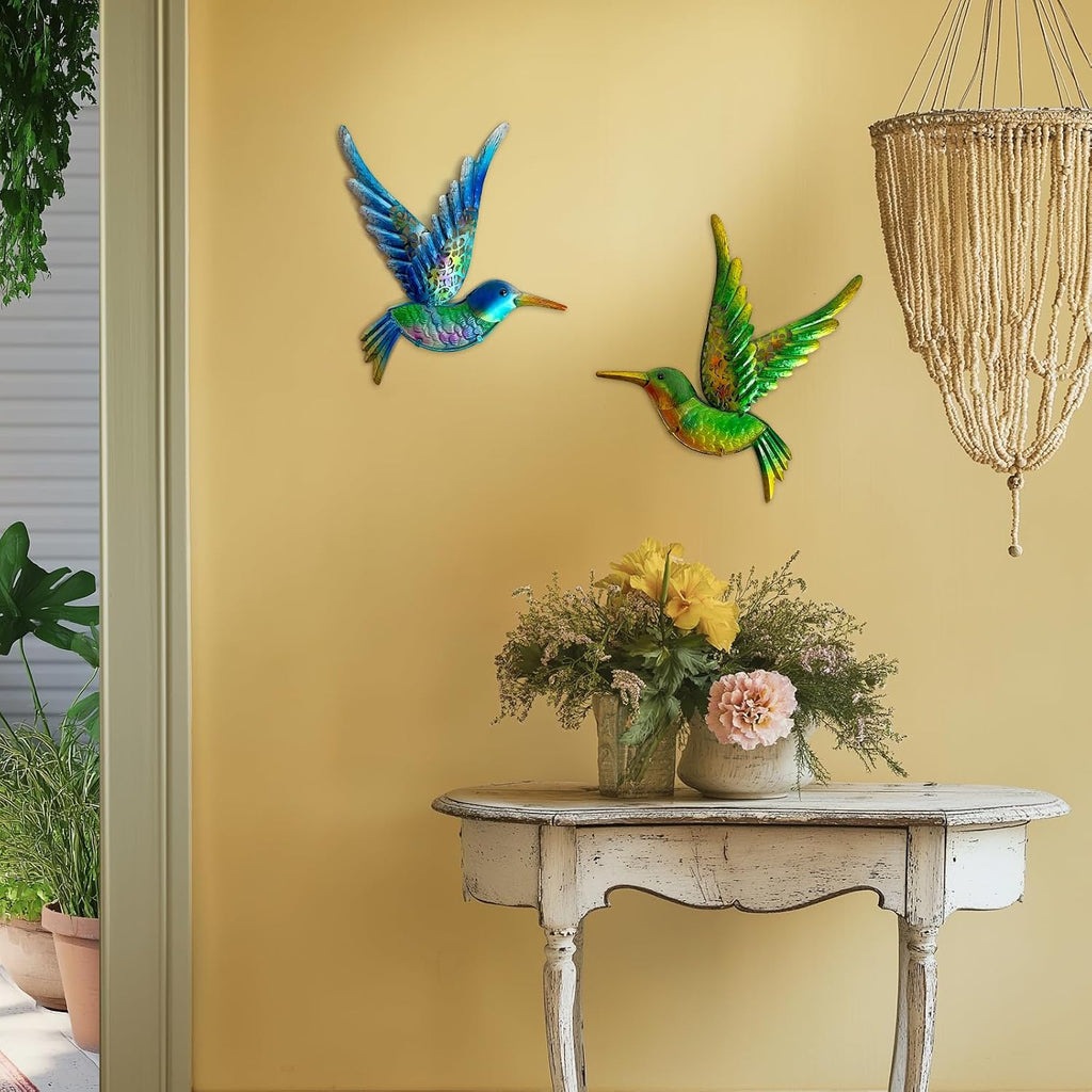 HONGLAND Metal Hummingbird Wall Art 12inch Metal Birds Wall Sculpture Garden Decoration Outdoor Statue Patio Fence Hanging Plaques 2 Pack（Blue-Green）