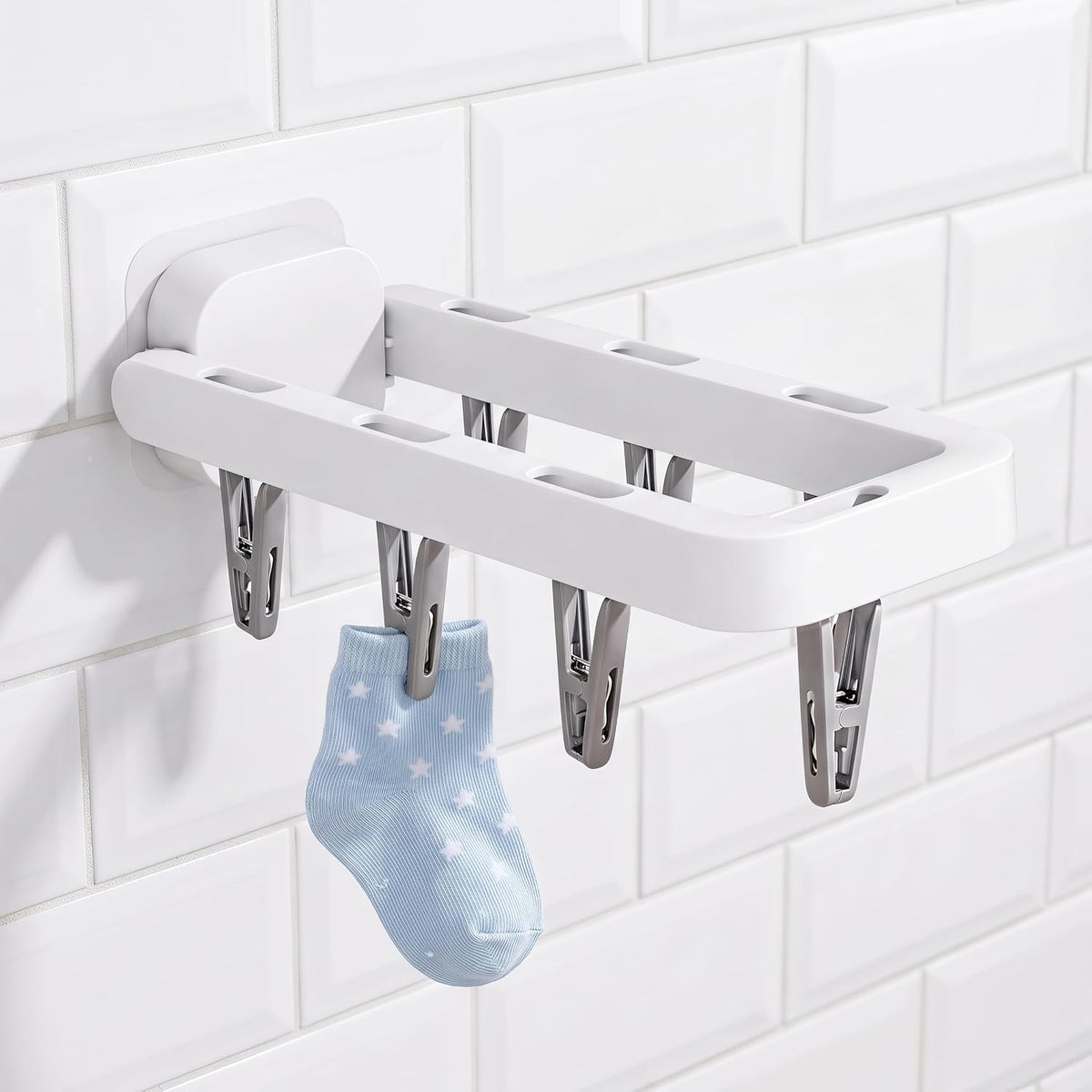 Sock Drying Rack Wall Mounted with 7 Hidden Clips, Adhesive Foldable Space-Saving Hanger Mini Rack for Underwear, Bras, Baby Clothes, Bathroom Laundry Dorm Balcony Towel Bar - White 1Pack