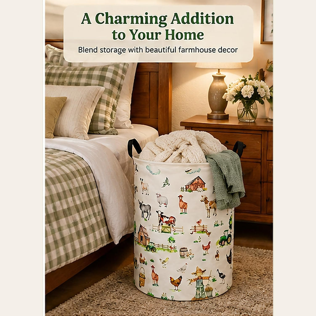 Farm Animal Laundry Hamper, Round Collapsible Laundry Basket with Handles, Cotton Linen Storage Bin for Clothes, Blankets, Toys, Bedroom, Dorm Room and Farmhouse Decor