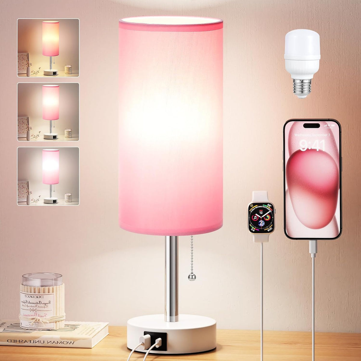 Dicoool Pink Bedside Table Lamp for Girls Bedroom - USB A+C Charging Ports