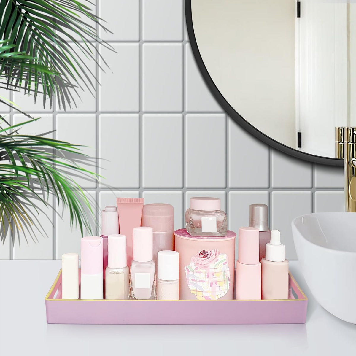 MAONAME Pink Bathroom Tray, Rectangular Toilet Tank Trays with Handles