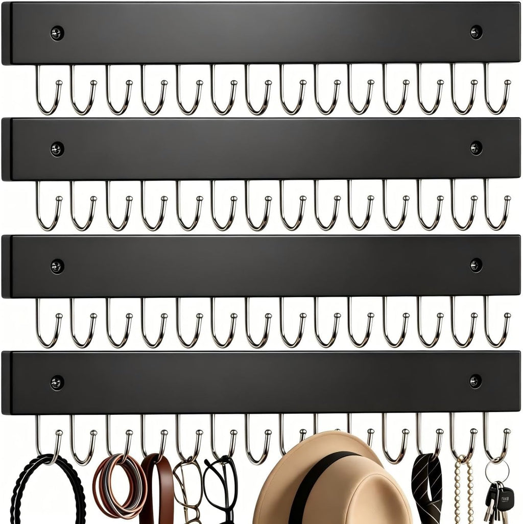 4Pack Necklace Wall Holder Wooden Mount Bulk with 56 Hooks Black