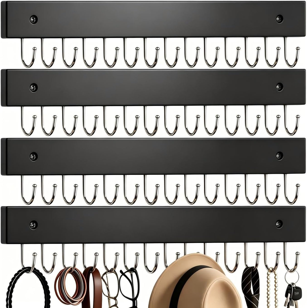 4Pack Necklace Wall Holder Wooden Mount Bulk with 56 Hooks Black
