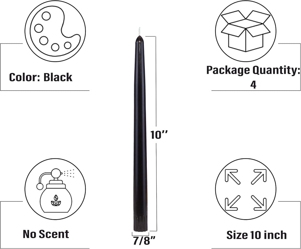 Taper Candles | Tapered Candlesticks - dripless 10 Inch Unscented | Black | 4 Pack