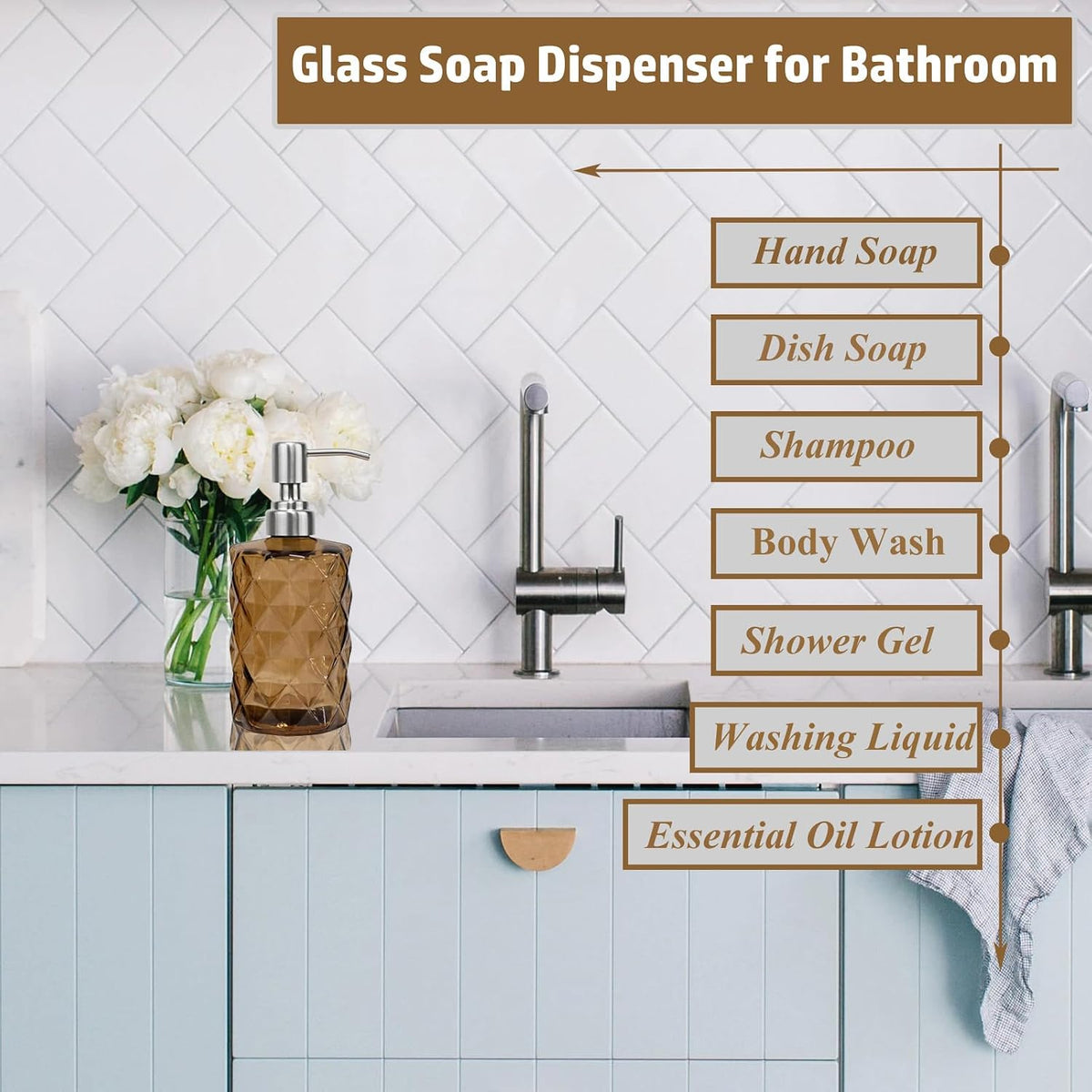 12Oz Brown Glass Soap Dispenser, Liquid Hand Bottle, Stainless Steel Pump