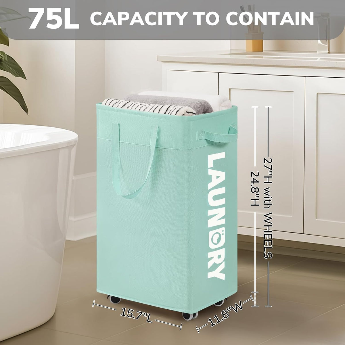 Goodpick 75L Rolling Laundry Basket with Removable Wash Bag for Living Room