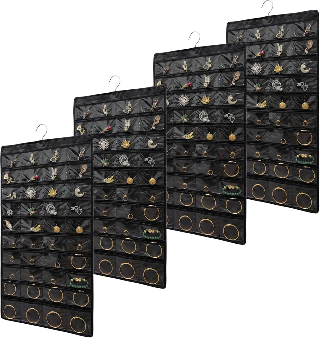 80 Pocket Hanging Jewelry Organizer with Hanger Metal Hooks Storage On Wall Door Closet Double-Sided(Each Side 40 Pockets) Jewelry Holder for Earrings, Necklaces, Rings (4 PACK BLACK)