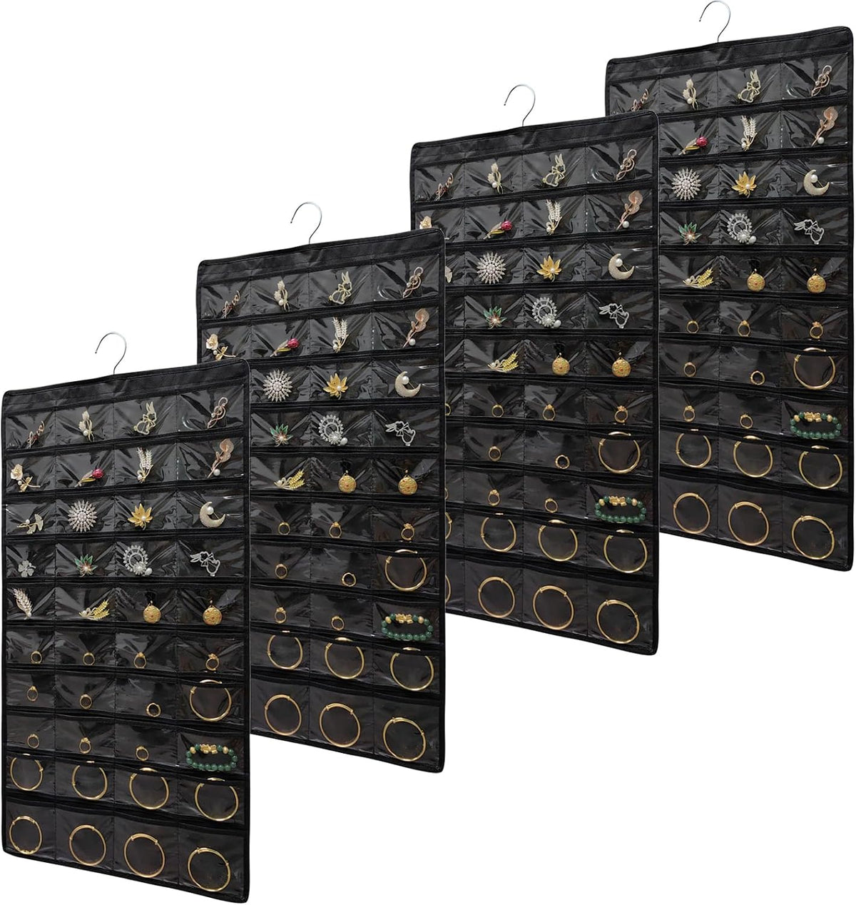 80 Pocket Hanging Jewelry Organizer with Hanger Metal Hooks Storage On Wall Door Closet Double-Sided(Each Side 40 Pockets) Jewelry Holder for Earrings, Necklaces, Rings (4 PACK BLACK)