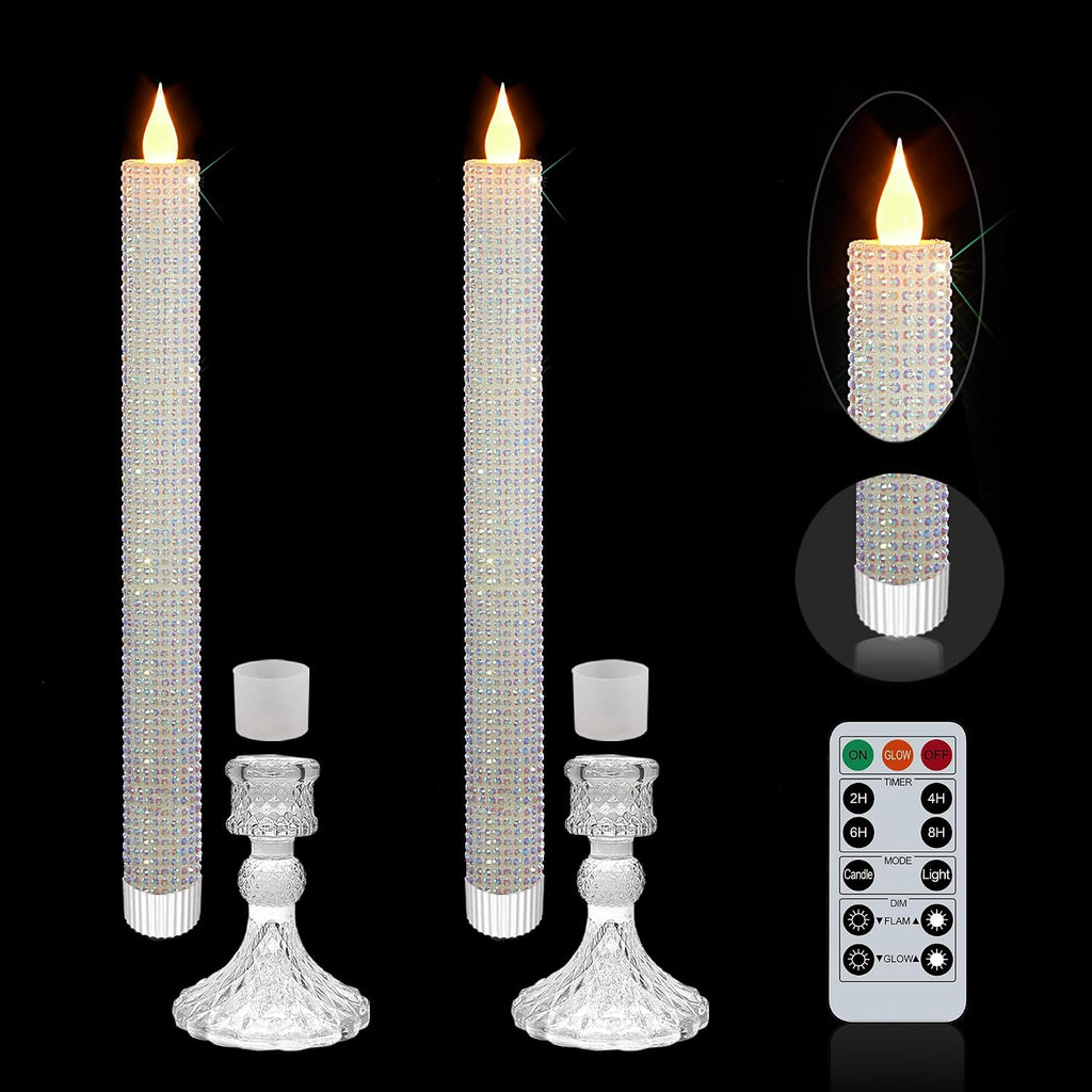Flameless Taper Candles w/Holder, Crystallized-Brilliant, 2 Pack