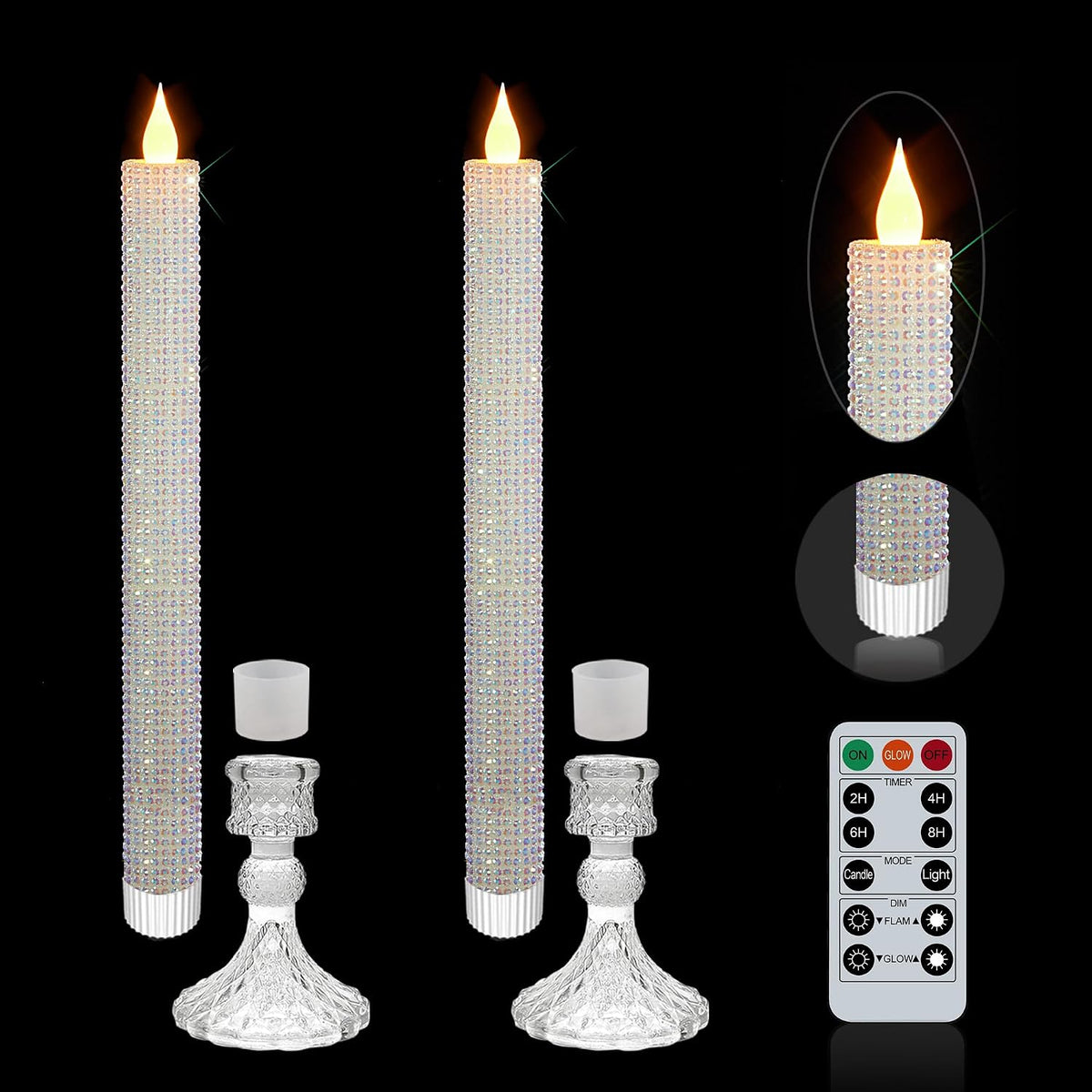 Flameless Taper Candles w/Holder, Crystallized-Brilliant, 2 Pack