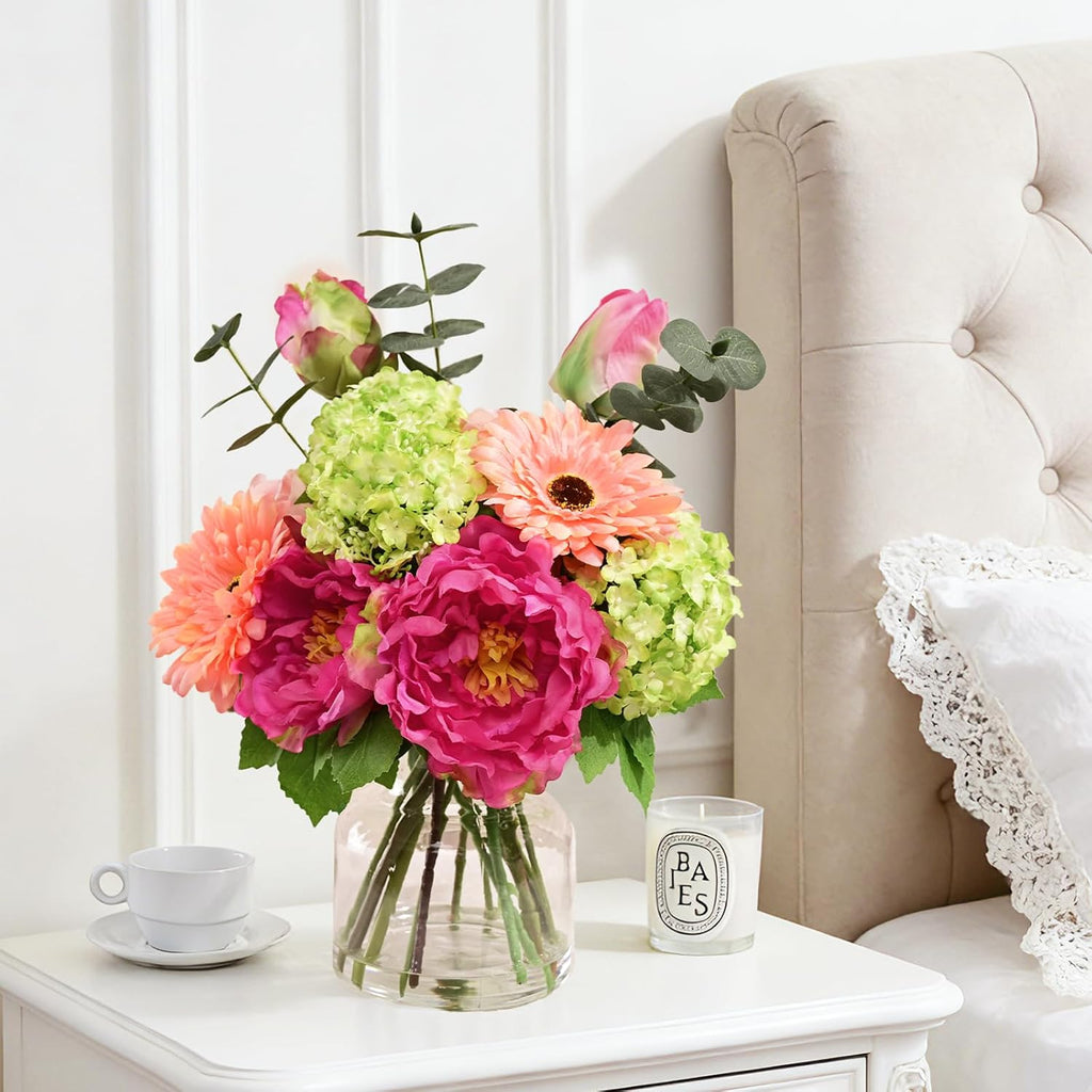 Livole Artificial Faux Flowers with Vase & Water Silk Fake Flowers, Fuchsia