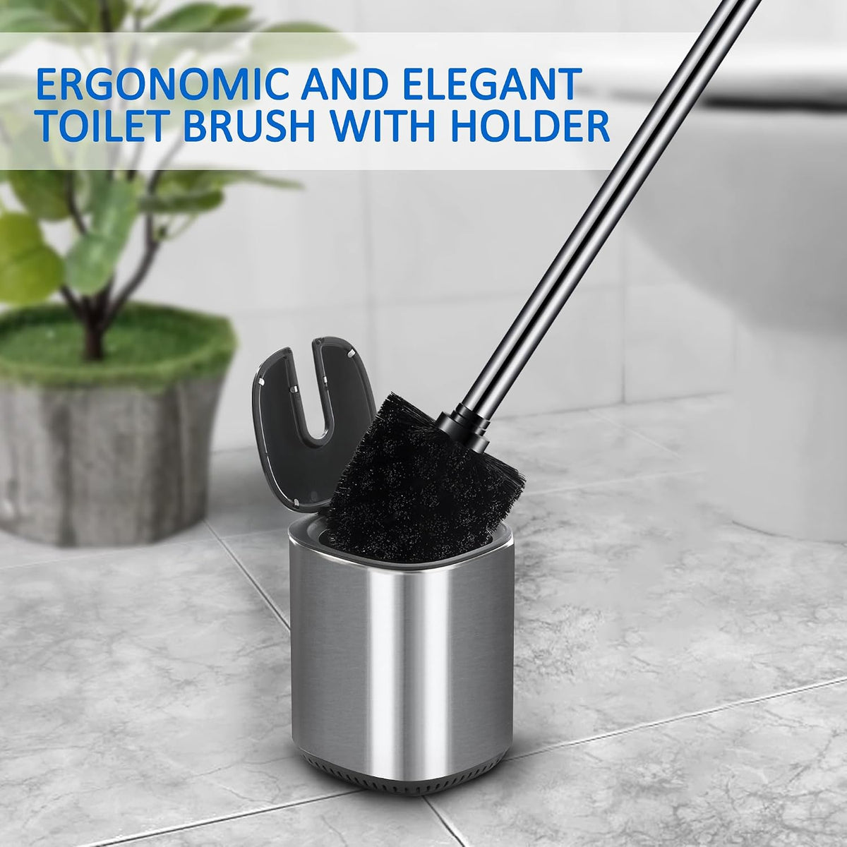 Toilet Bowl Brush and Holder, Toilet Brush with Stainless Steel Handle and Durable Bristles for Bathroom Cleaning, Automatic Closing Holder Set (Silver)
