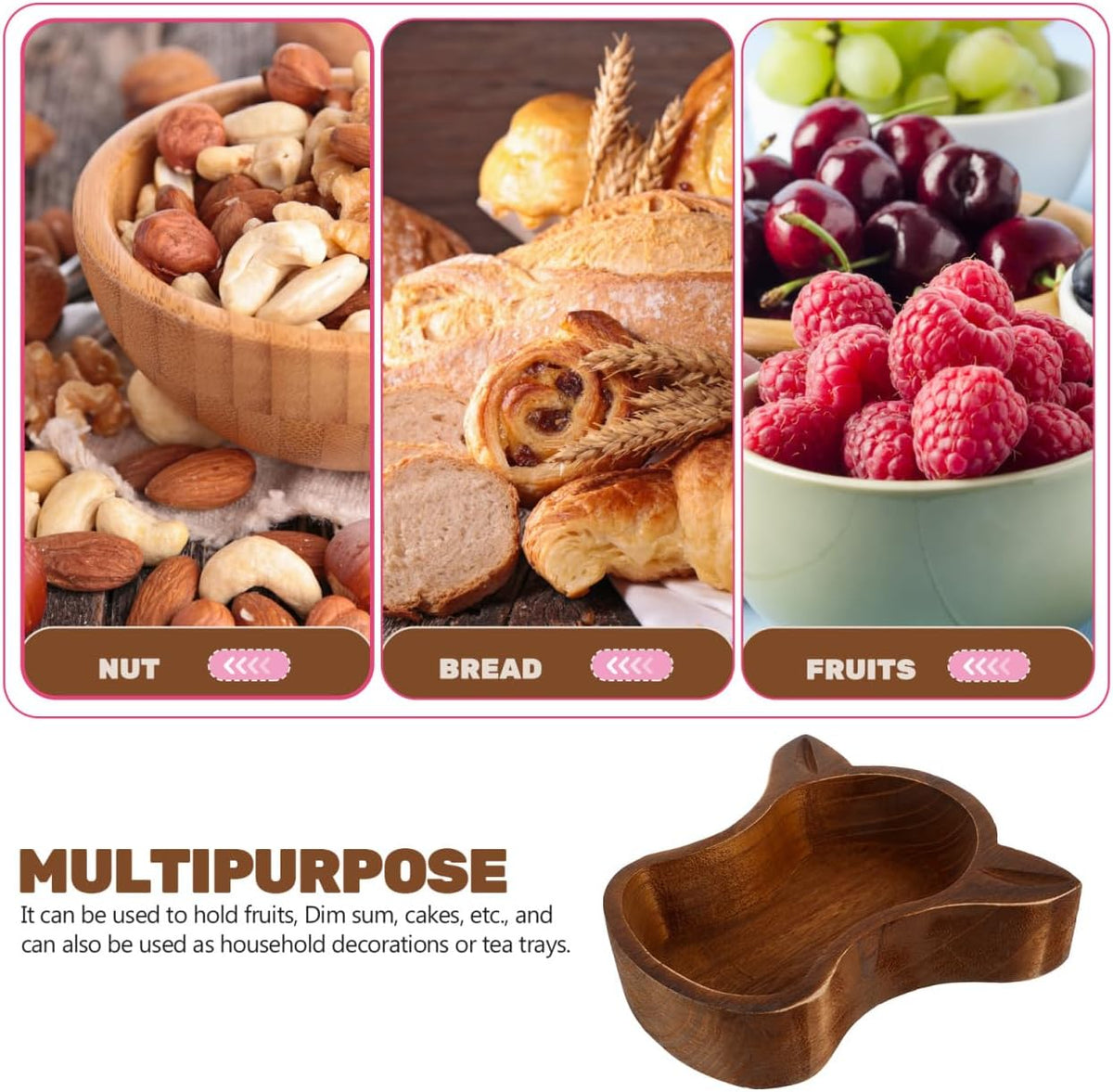 PRETYZOOM Cow Head Wood Serving Bowl 7.75 Inch Rustic Fruit Bowl Nut Dish Decorative Snack Plate for Home Kitchen Dining