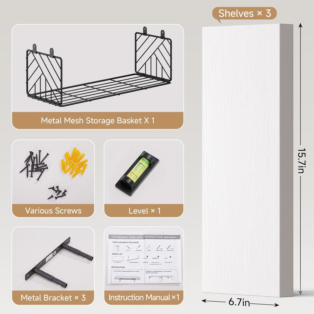 BAYKA White Floating Bathroom Shelves, 15.7in, 3Pk, Wall Mount Wood Shelf