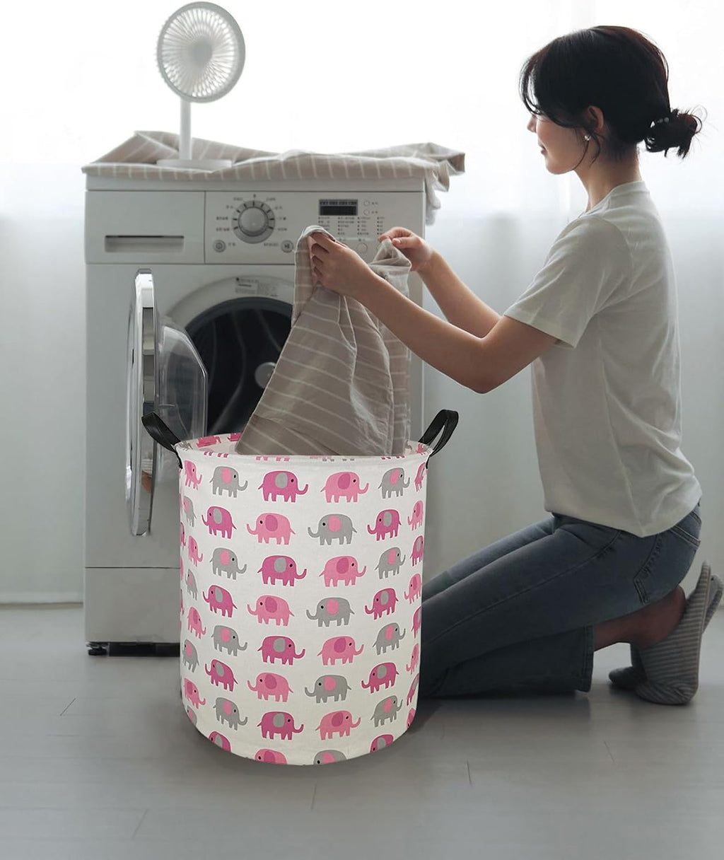 Round Pink Elephant PatternLaundry Hamper Storage Basket Fabric Material Storage Hamper Organization Basket, Storage Bin, Gift Box with Handles for Room