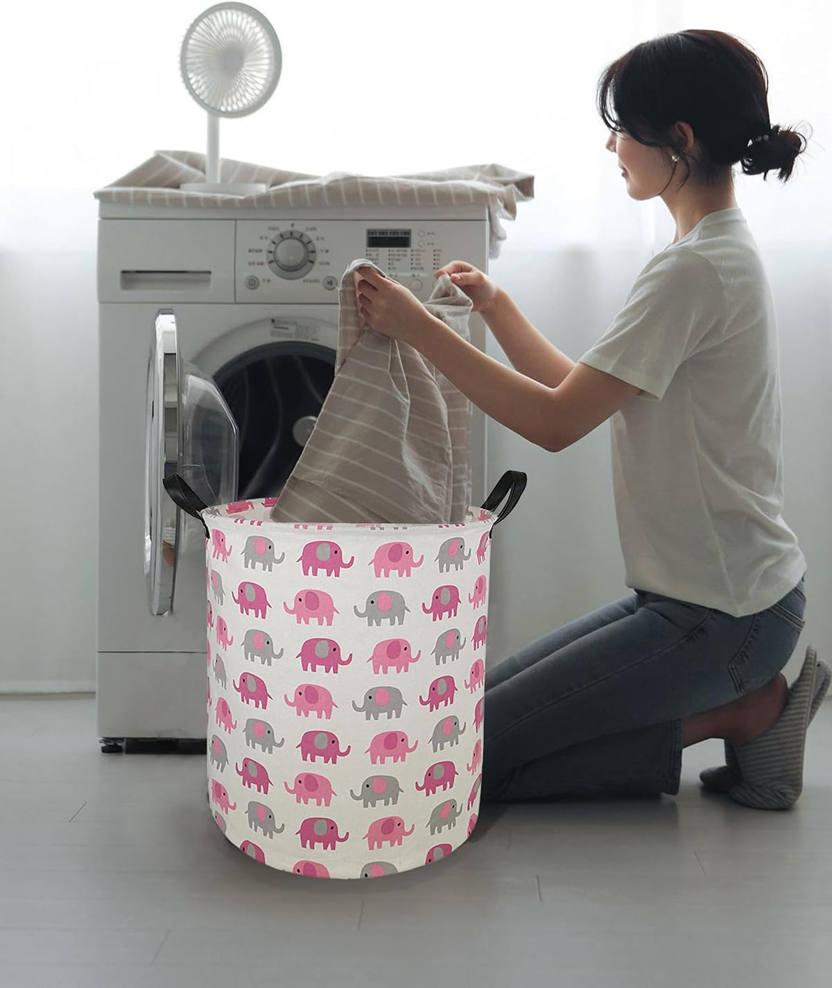 Round Pink Elephant PatternLaundry Hamper Storage Basket Fabric Material Storage Hamper Organization Basket, Storage Bin, Gift Box with Handles for Room