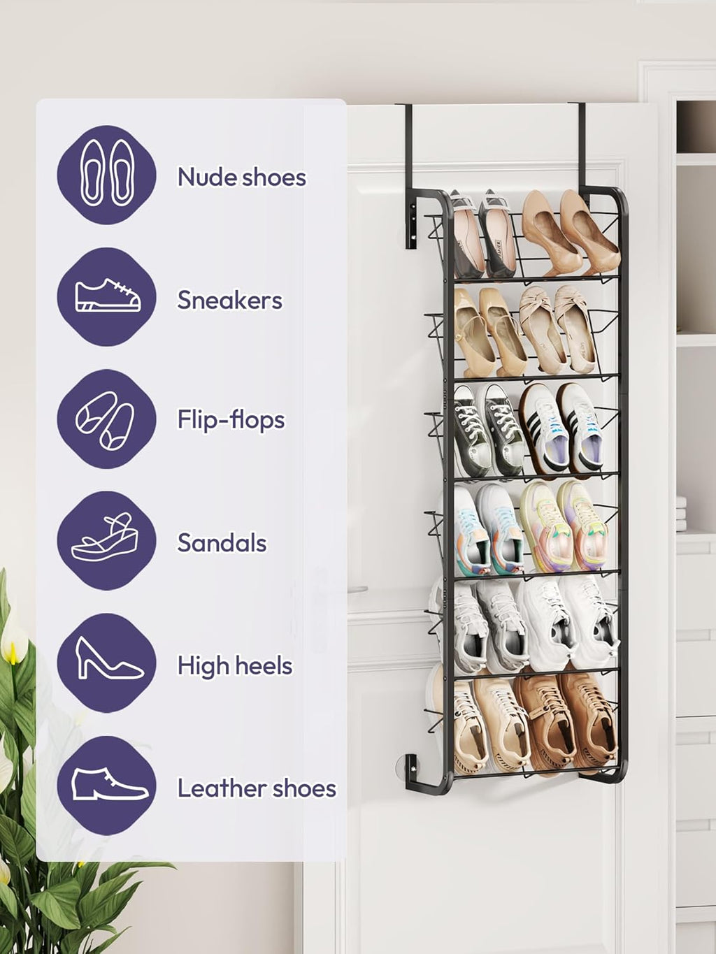 SWTYMIKI Over the Door Shoe Organizer - 6 Tier Wall Mount Shoe Rack for Door Storage- Heavy Duty Metal Hanging Shoes Shelf for Flats, Heels, Sneakers, Boots Black