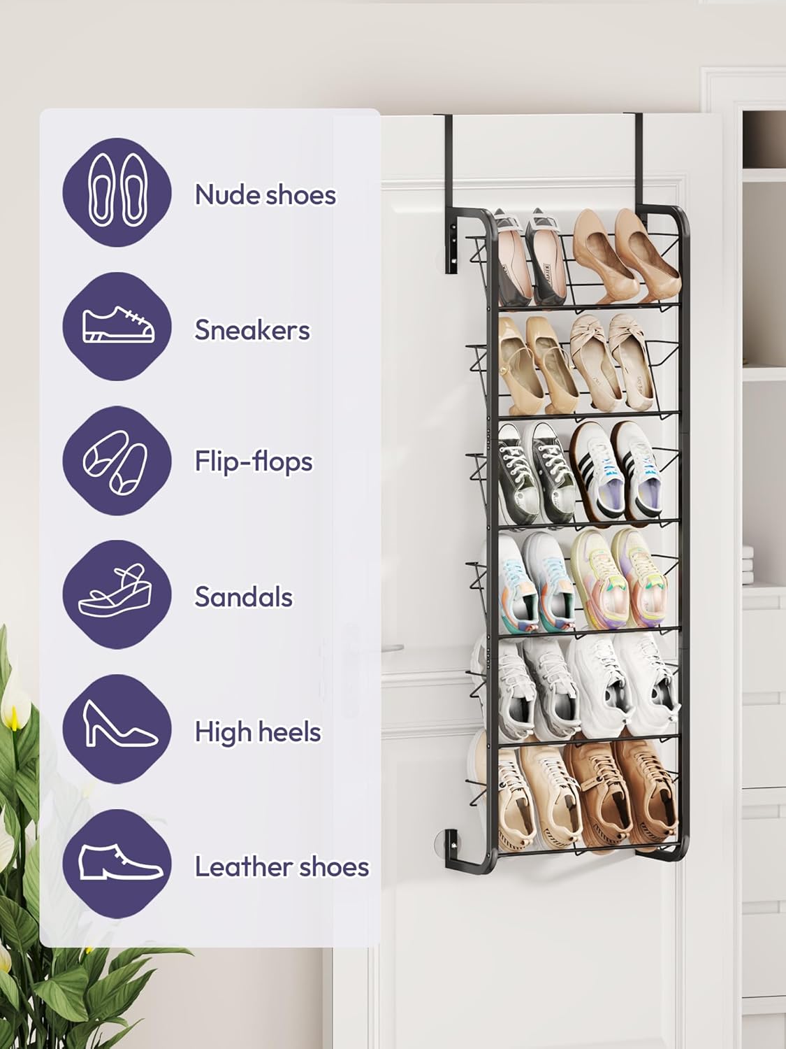 SWTYMIKI Over the Door Shoe Organizer - 6 Tier Wall Mount Shoe Rack for Door Storage- Heavy Duty Metal Hanging Shoes Shelf for Flats, Heels, Sneakers, Boots Black