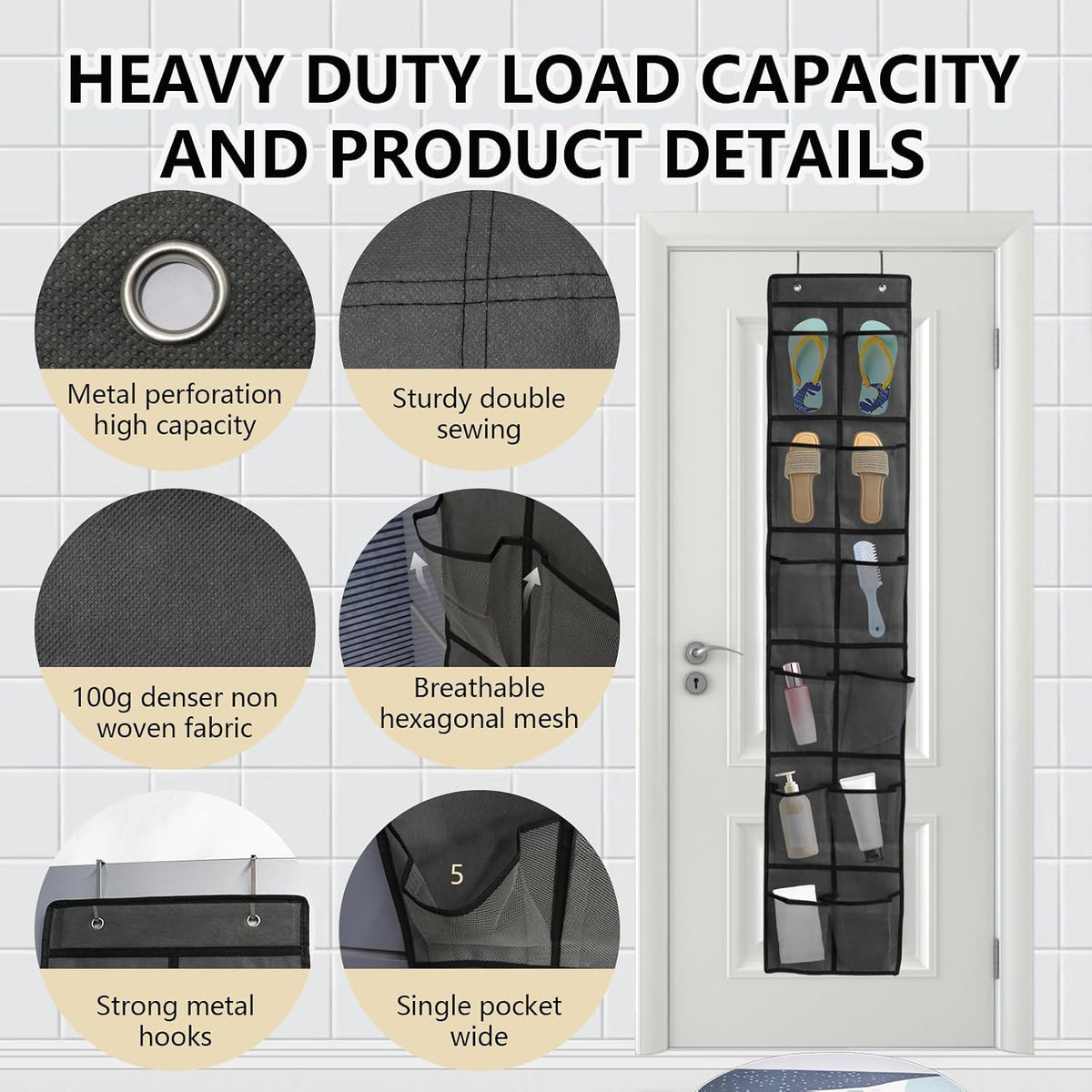 Over the Door Shoe Organizer, 12 Mesh Pockets, Gray, 4 Metal Hooks