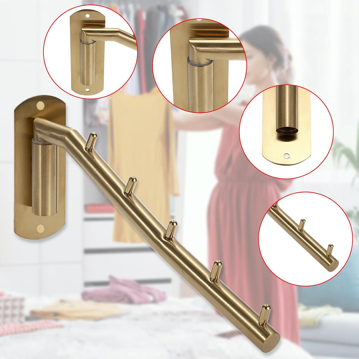 Sumnacon Clothes Hanger Rack，Wall Mount Garment Hook with Swing Arm，Gold