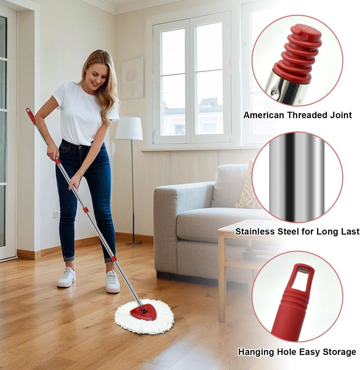 Spin Mop Handle Mop Heads Mop Base Mop Scruby Brush Replacement Sets Combo Compatible with Ocedar EasyWring 1 Tank Spin Mop System (1 Sets Stainless Steel Mop Handle +2 White Heads +1 Base +1 Brush)
