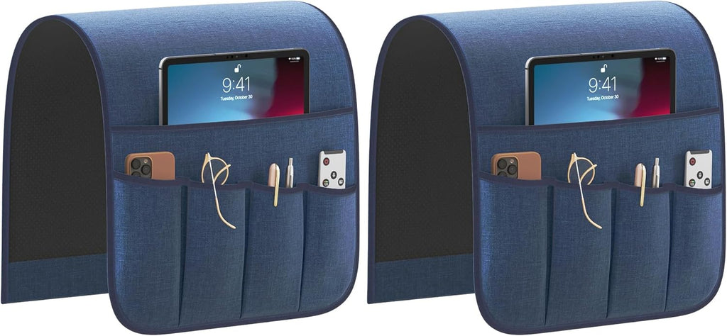 Sofa Armrest Organizer Non-Slip Remote Control Holders for Recliner Couch Chair Armchair Caddy with 5 Pockets for Table,Cell Phone,Ipad,Magazines,Books (Navyblue, 13 x 35 Inch) (Pack of 2)