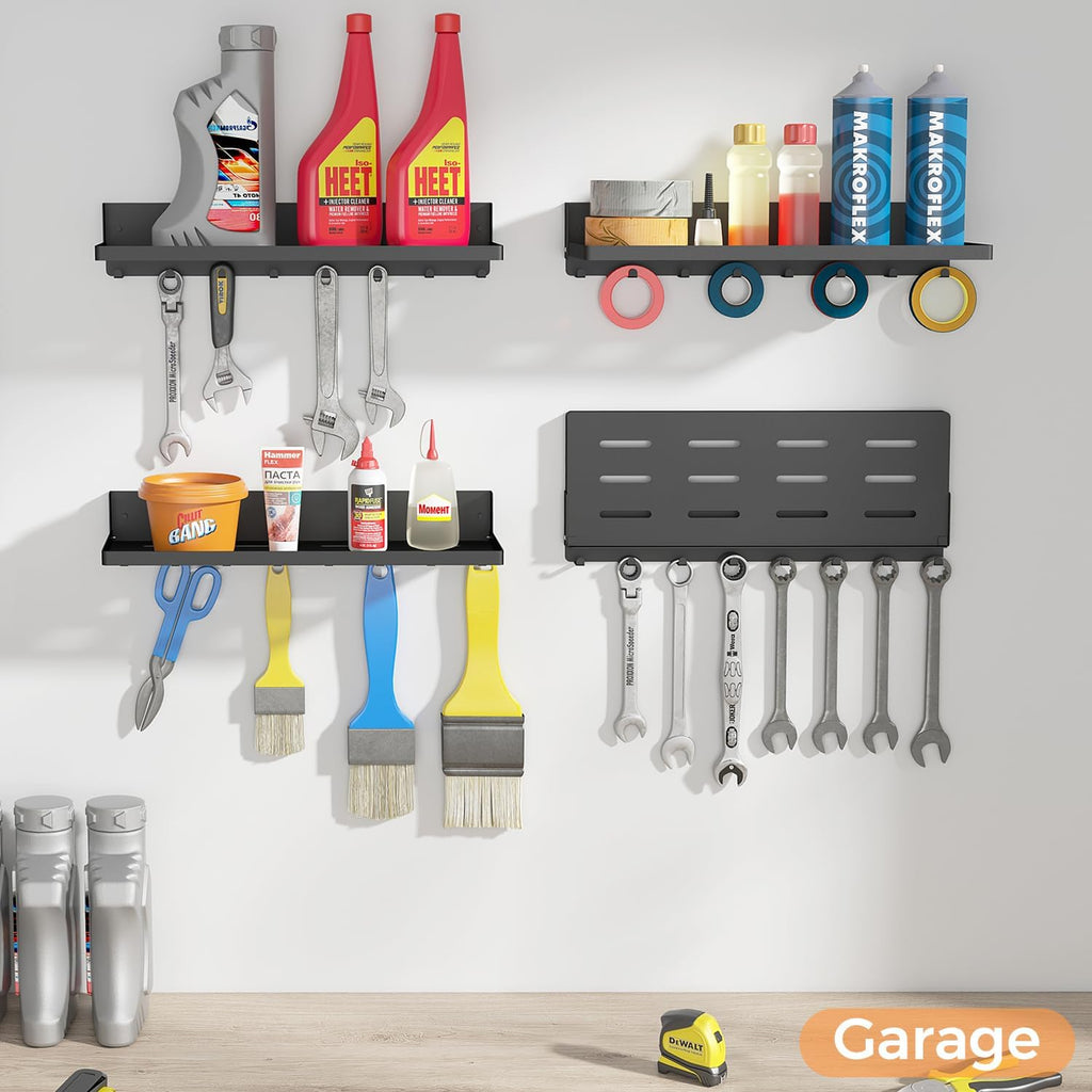 Folding Shelf with Hooks Wall Mount, Laundry Room Metal Shelves, Fold Up 90° and 8 Hooks, Foldable Storage Wall Shelf for Rv, Utility Room, Garage, Space Saving, Black（17.0", 2 Pack）