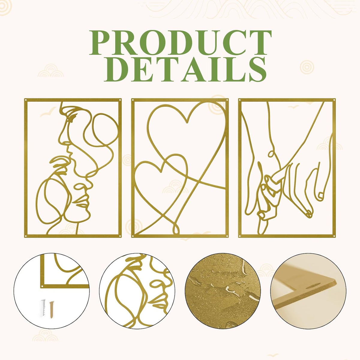 3 Pieces Metal Minimalist Line Wall Art, Love Heart Metal Wall Decor