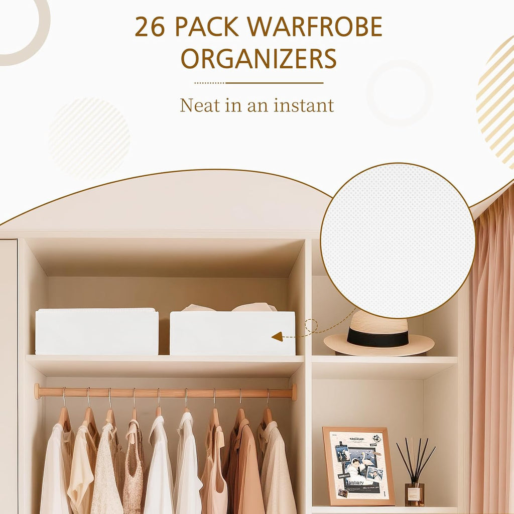 Criusia 26 Pack Drawer Organizer for Clothes, Foldable Dresser Dividers with 3 Sizes, Fabric Storage Bins – White