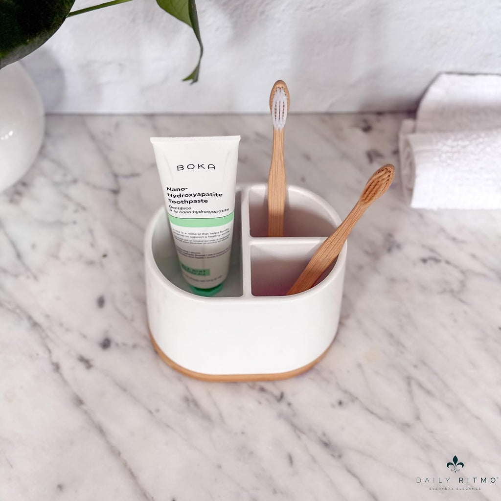 DAILY RITMO® Large Toothbrush Holder for Bathrooms with Bamboo Base | Modern 3 Slots Compartment White Ceramic Marble Like Toothpaste Cup for Electric and Kids Tooth Brushes