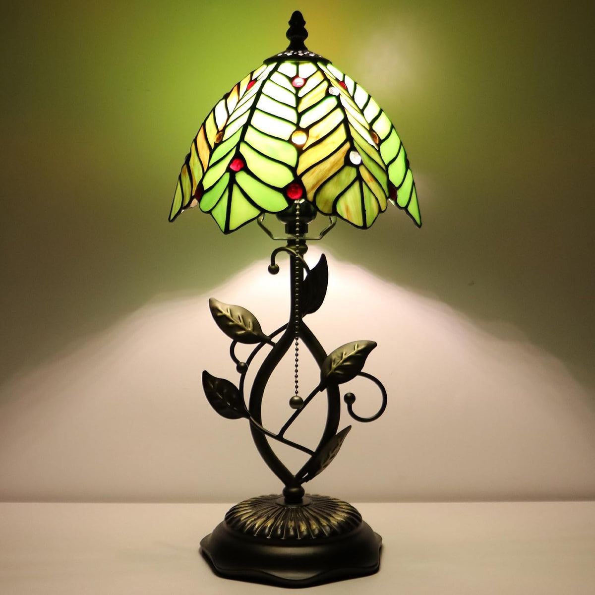 Tiffany Style Stained Glass Table Lamp Green Coconut Leaves 18 Inch