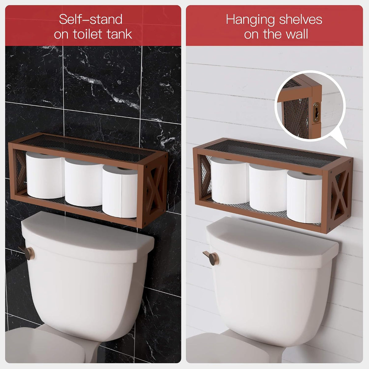 RICHER HOUSE Floating Wood Shelves with Guardrail, Rustic Brown, Wall Mounted, 2 Shelves, Farmhouse Style