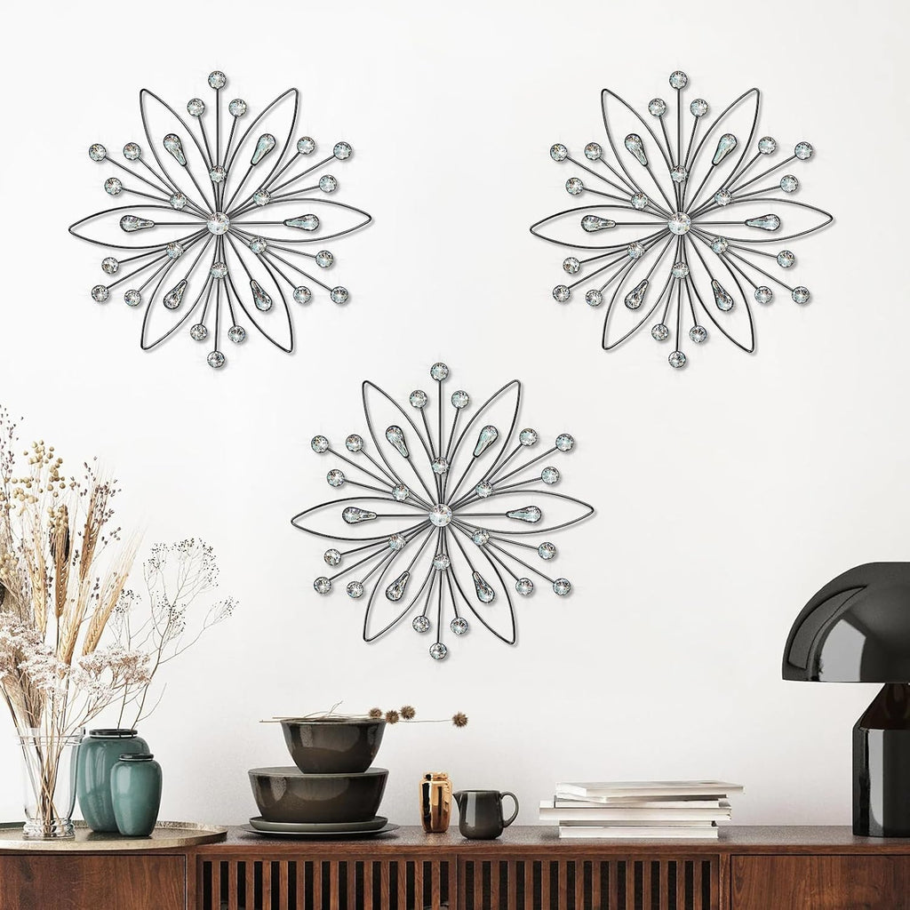 ZEXUIRU 3 Set Snowflake Wall Decor Living Room Bedroom Entryway Metal Bling, Crystal Rhinestone Starburst Sunburst Sparkling Wall Art Decor Silver Metal Christmas Decoration-Black 13in
