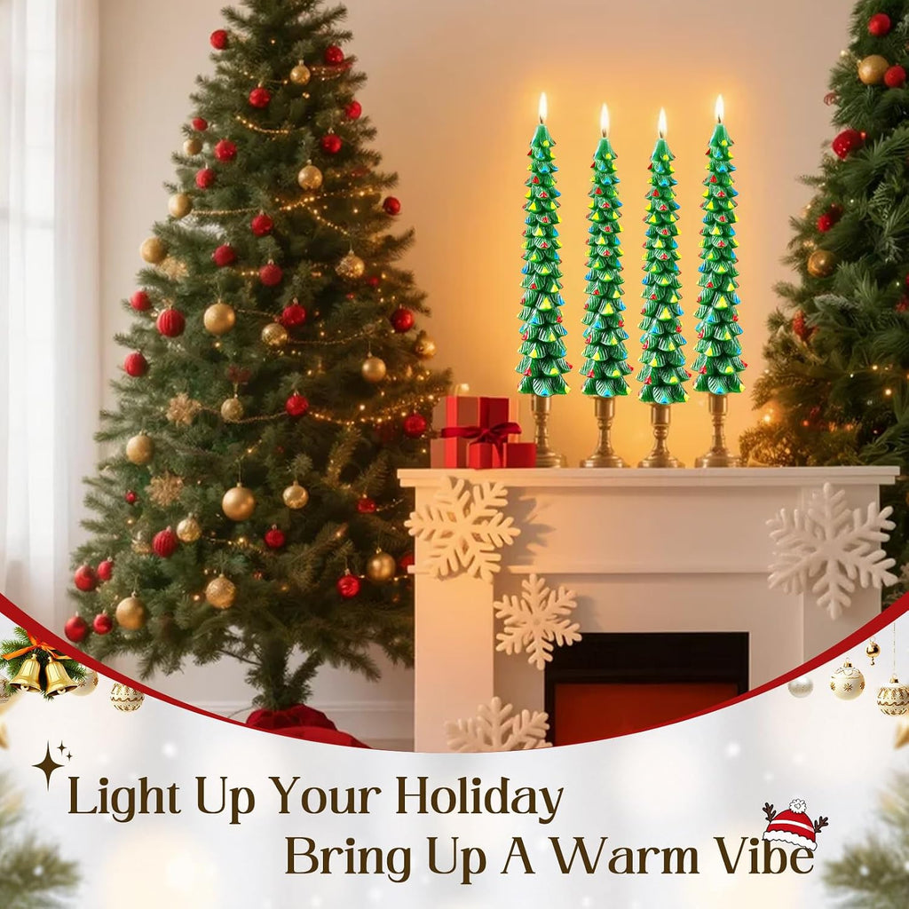 2 Pcs 10 Inch Christmas Tree Candles, Premium Natural Unscented Beeswax Christmas Tree Shaped Taper Candles with Cotton Wick, for Xmas Holiday Decor Party Banquet(Green with Multicolor Trim)