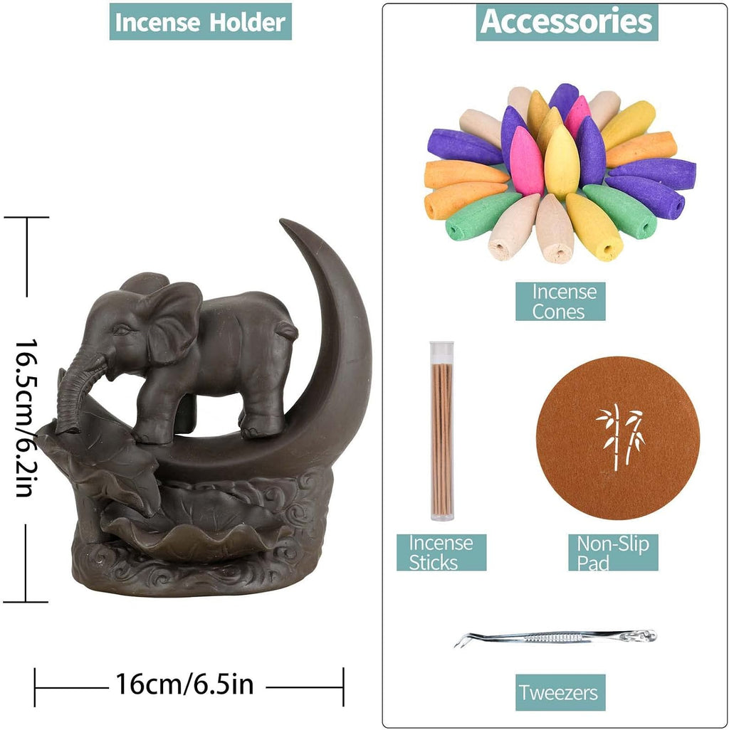 YYW Elephant Backflow Incense Burner with 20 Cones, 30 Sticks, Tweezer, Mat