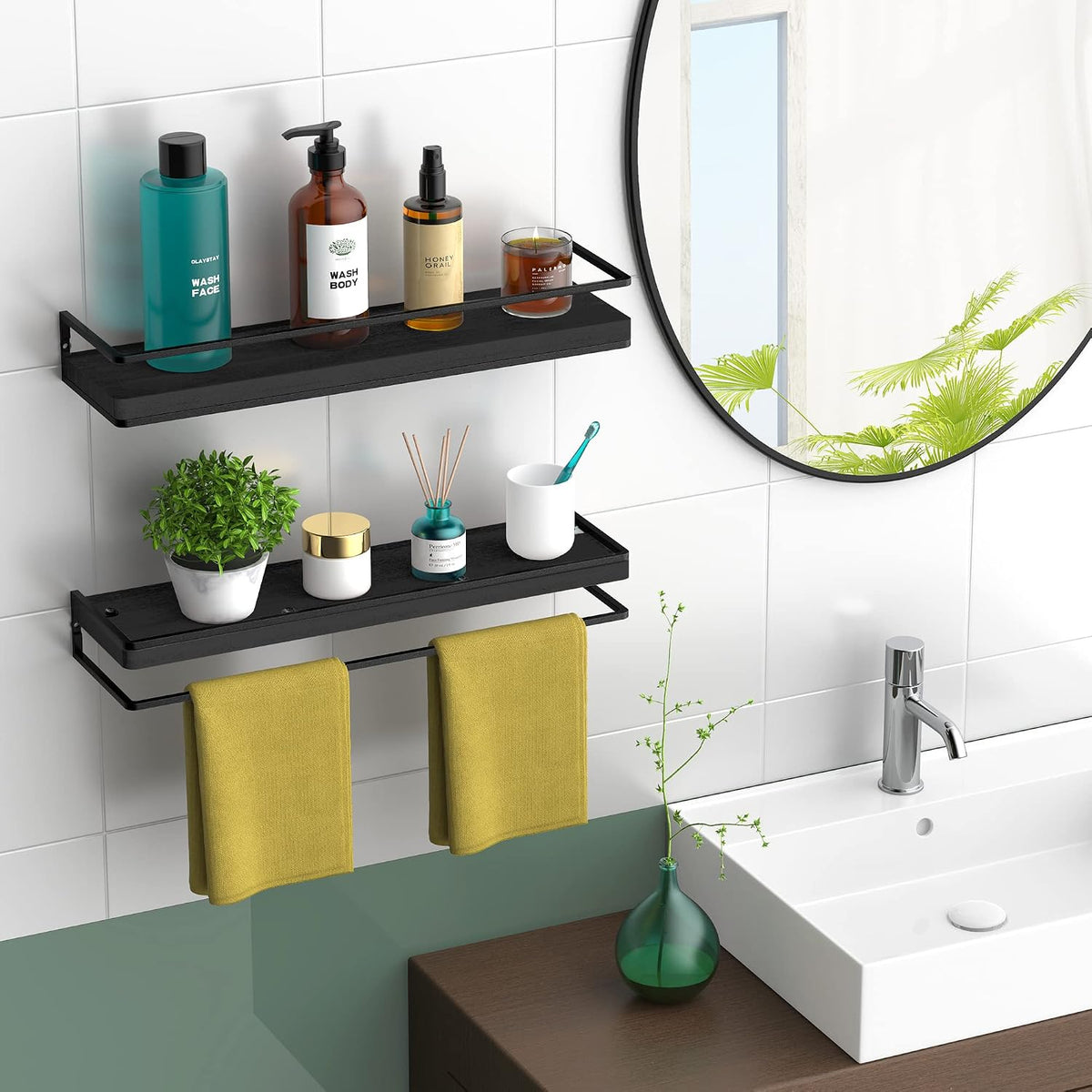Meangood Black Floating Shelves for Wall, 17 inch Bathroom Shelf, Set of 2