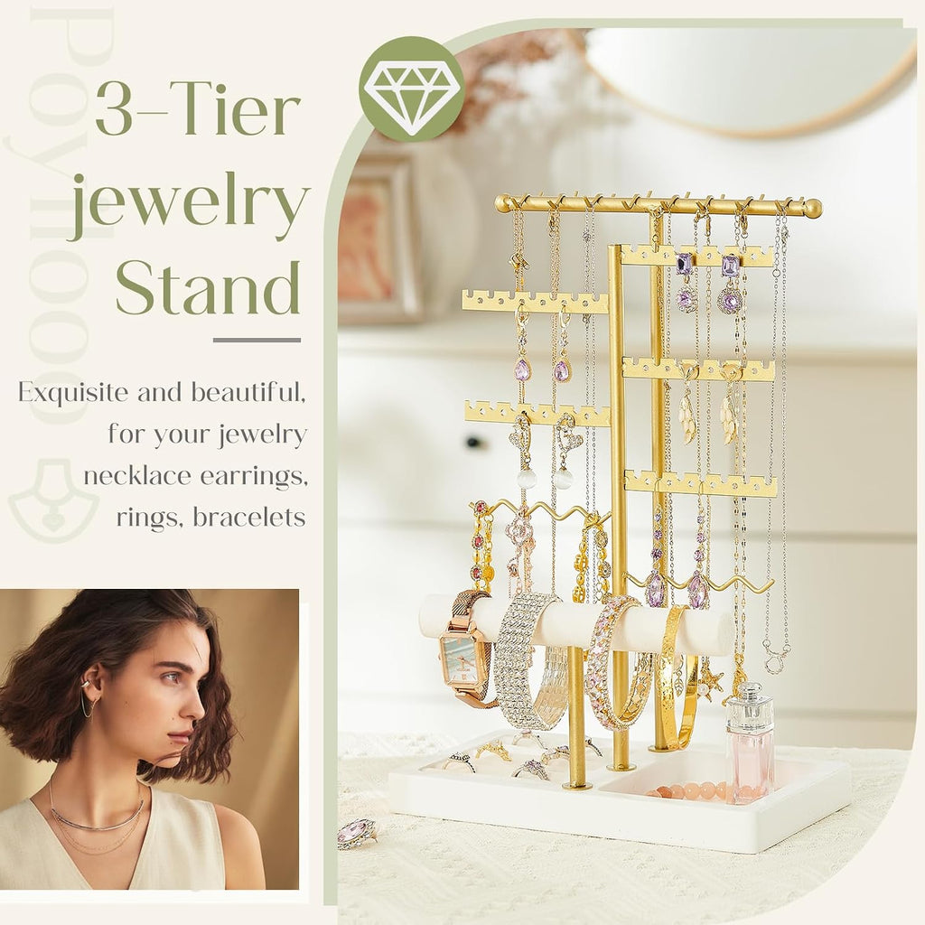 Poyilooo Earring Holder Jewelry Stand, 3 Tier Jewelry Organizer WhiteGold