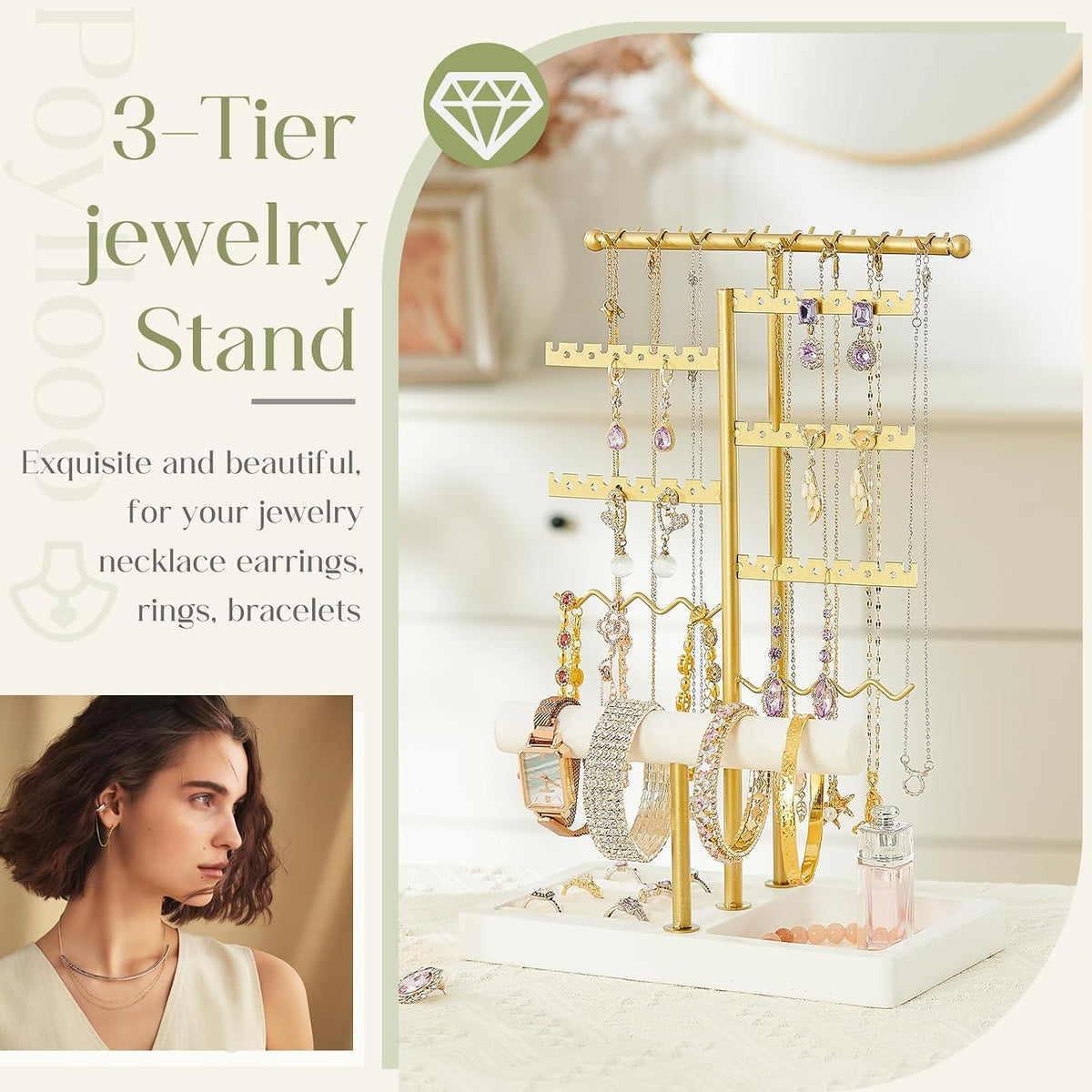 Poyilooo Earring Holder Jewelry Stand, 3 Tier Jewelry Organizer WhiteGold