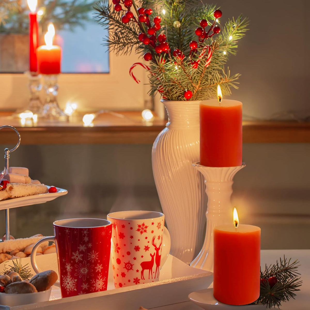 6 Pack 2x3 inch Pillar Candles, Red Unscented Votive Candle for Celebration Home Decoration, Dripless and Long Burning Time