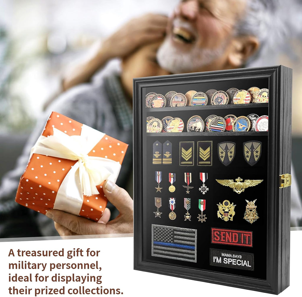 Challenge Coin Display Case, 7 Rows Lockable Military Coin Display Cabinet with UV Acrylic Door, Removable Shelves & Felt Background, Large Shadow Box