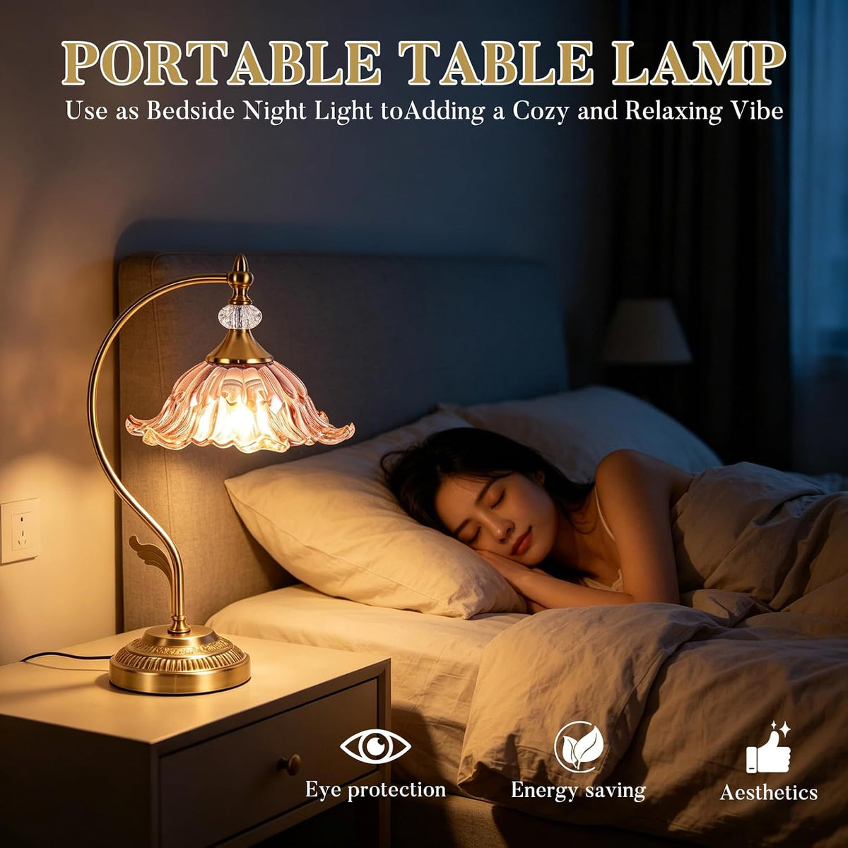 Vintage Floral Table Lamp, Plug in Mid-Century Modern Desk Lamp with Amber Glass Shade, Gold Bedside Table Lamp Dimmable for Bedroom Living Room Home Office, E26 Base, UL Listed