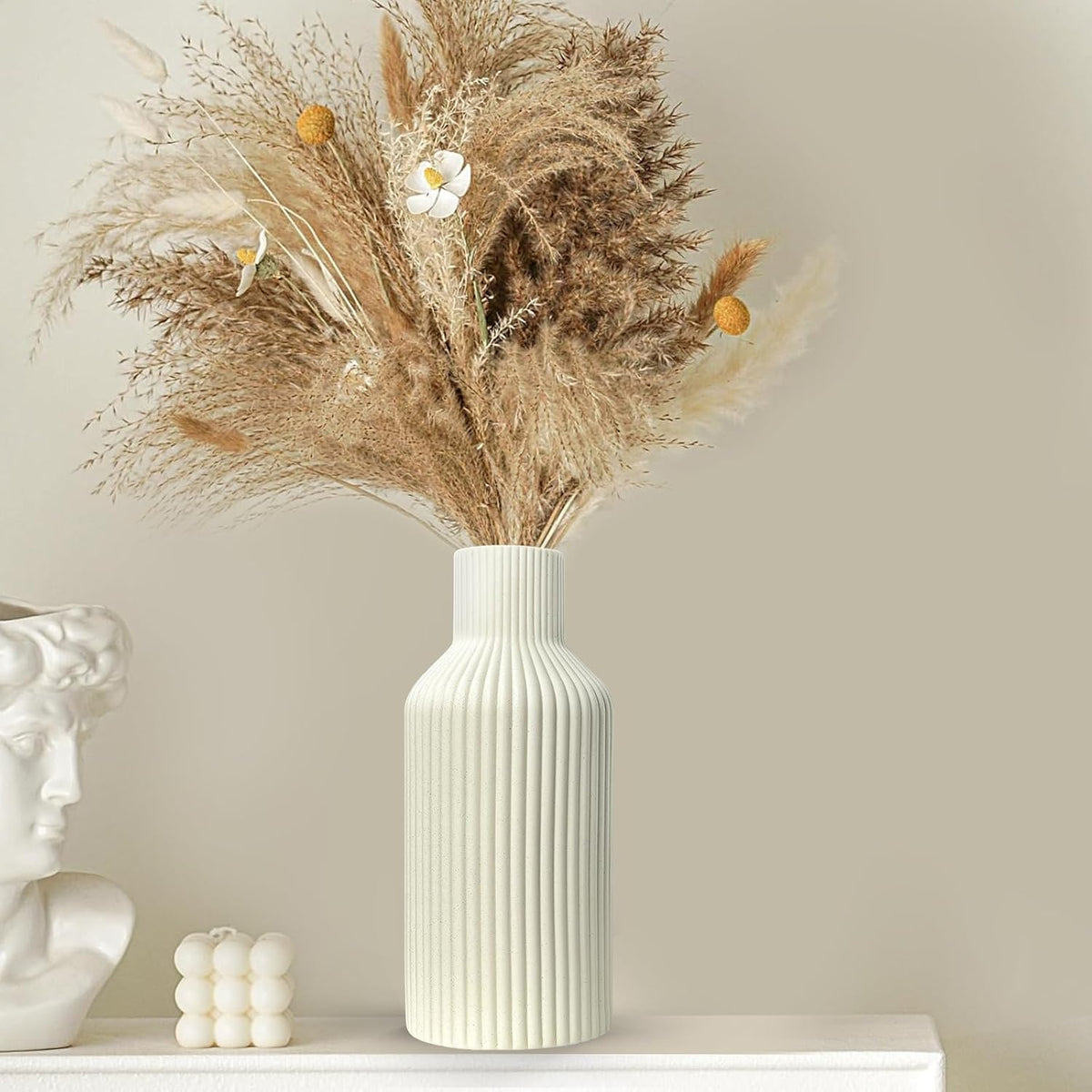 Ceramic Flower Vase, Minimalist Modern Home Decor, Matte Finish Pampas Grass Vase for Table, Fireplace, Shelf, Mantel, Entryway and Centerpieces (Off White)