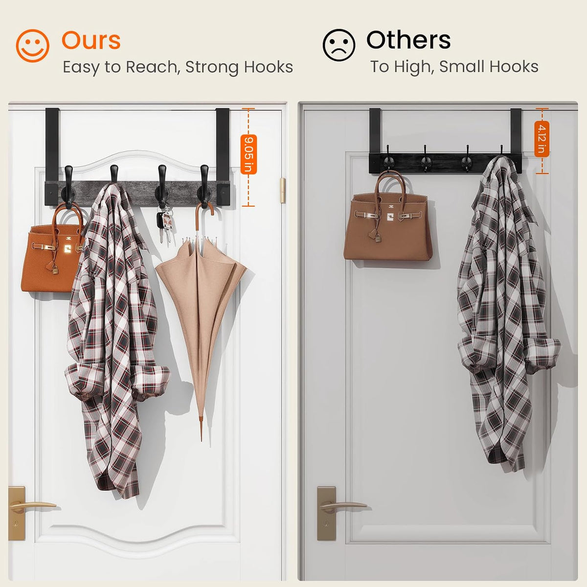 Homode Over The Door Hooks Heavy Duty, Wood Over The Door Towel Rack for Bathroom Door, Rustic Over The Door Hanger,Back of Door Hooks Coat Hooks for Hanging Towels Clothes Hats Bags, Grey