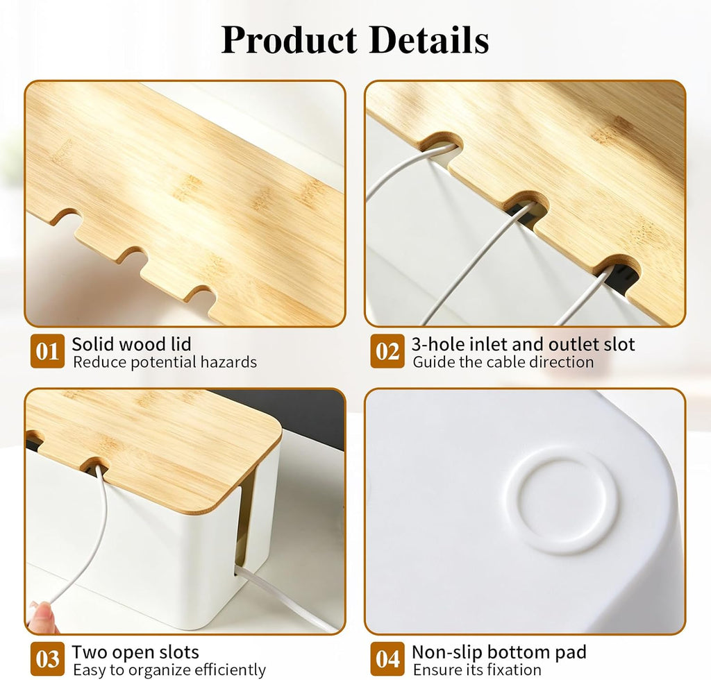2Pack Cable Management Box,Wooden Style Cord Organizer Cord Hide Box,White