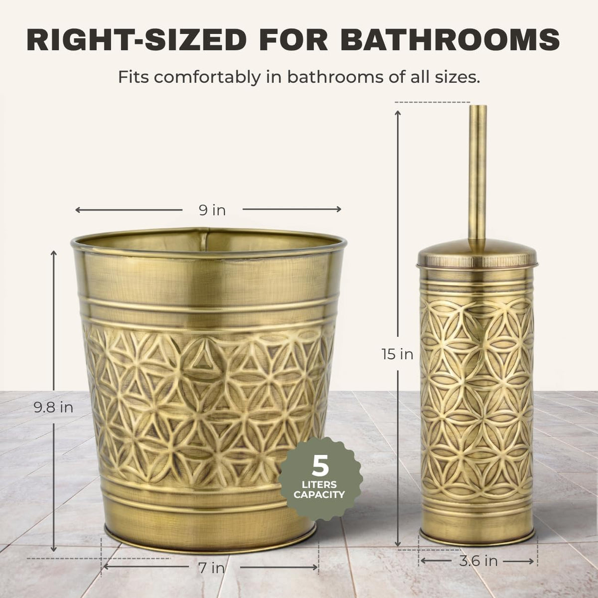 Autumn Alley Toilet Brush and Holder Set with Brushed Brass Bathroom Trash Can – Brass Bathroom Accessories Garbage Can Set for Rustic and Modern Bathroom Décor